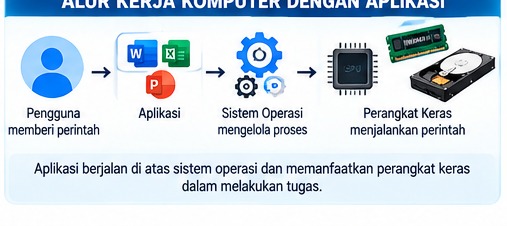 Alur hubungan pengguna, aplikasi, sistem operasi, dan perangkat keras.