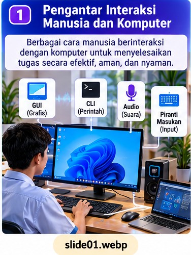 Ilustrasi empat cara utama berinteraksi dengan komputer: GUI, CLI, audio, dan piranti masukan.