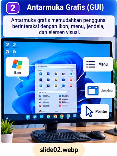 Tampilan grafis dengan ikon, menu, jendela, dan pointer.