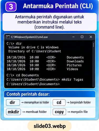 Terminal memperlihatkan perintah teks dan keluaran sistem.