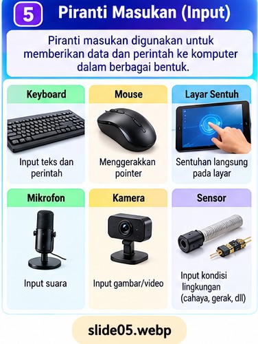 Keyboard, mouse, layar sentuh, mikrofon, kamera, dan sensor.