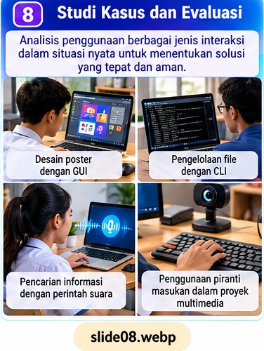 Contoh situasi penggunaan GUI, CLI, suara, dan perangkat masukan.