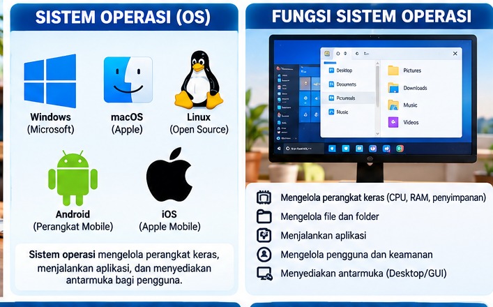 Contoh sistem operasi pada komputer dan perangkat bergerak.